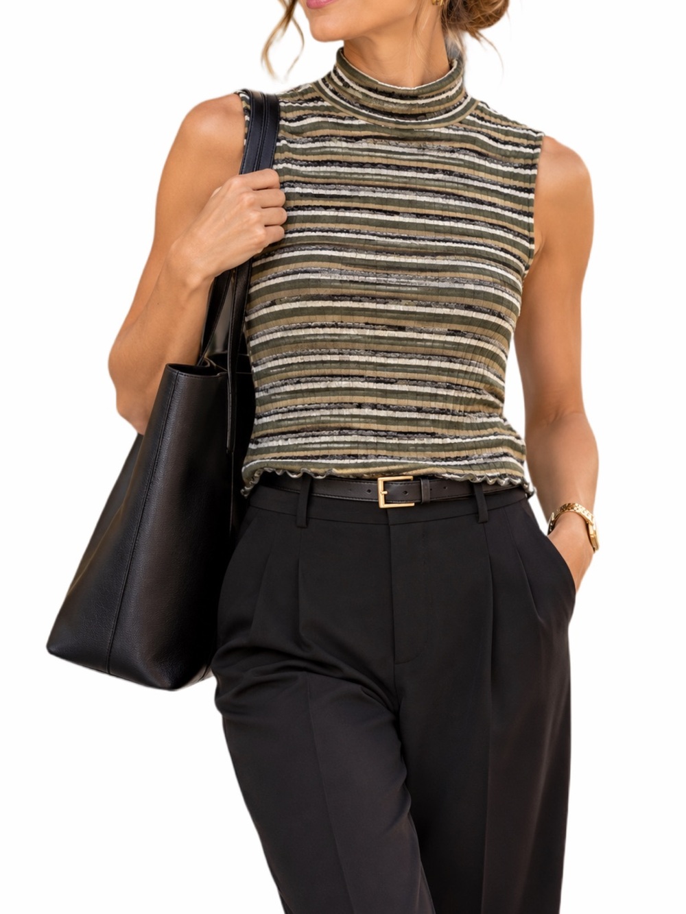 LOFT Striped Sleeveless Mock Neck Top Olive Black Cream Ribbed Career Medium
